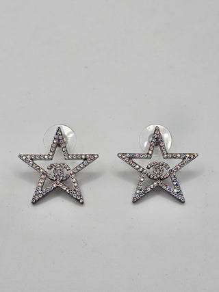 Chanel Silver-tone Strass Star Interlocking Logo Stud Earrings