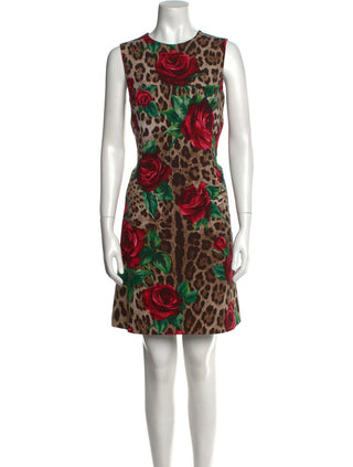 Dolce & Gabbana Brown Leopard Rose Print Wool Mini Dress 42 IT