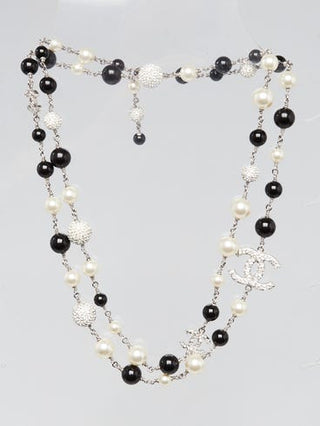 Chanel Black White Glass Bead and Crystal Interlocking CC Long Necklace