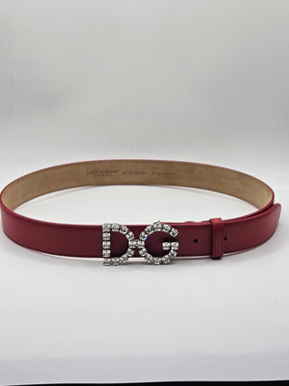 Dolce & Gabbana Red Leather Skinny Crystal D&G Logo Belt M sz