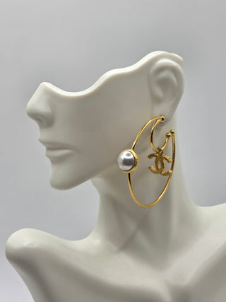 Chanel Gold-tone 2020 Faux Pearl Interlocking Hoop Earrings