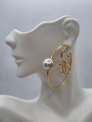 Chanel Gold-tone Interlocking CC 2020 Faux Pearl Hoop Earrings
