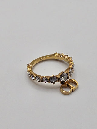 Authentic Christian Dior Gold-tone Crystal CD Charm Cocktail Ring Size: 6