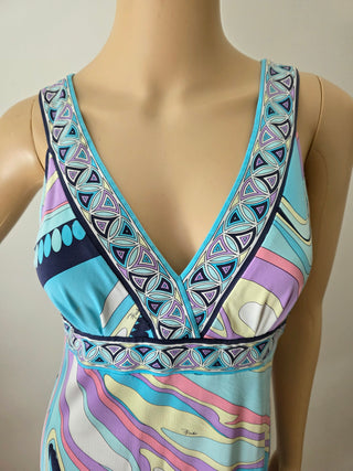 Emilio Pucci Blue Multicolor v-neck summer dress 8 US sz