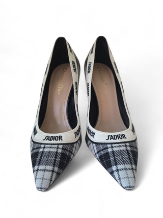 Christian Dior Black Plaid J'Adior Print  Embroidered Pumps 36.5 sz