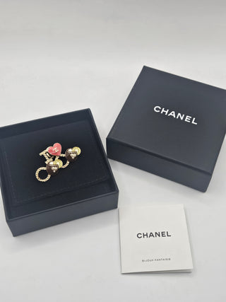 Chanel Gold-tone Faux Pearl Enamel I Love Coco Logo Pin