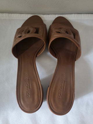 Dolce & Gabbana Brown Leather DG Cutout Slides sandals 39.5 sz