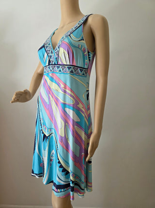 Emilio Pucci Blue Multicolor v-neck summer dress 8 US sz