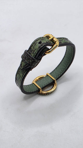 Fendi Gold-tone Crystal Green Snake Skin FF Leather Wrap Bracelet