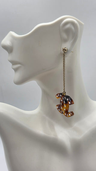 Chanel Gold-tone Brown Resin Strass CC Drop Earrings