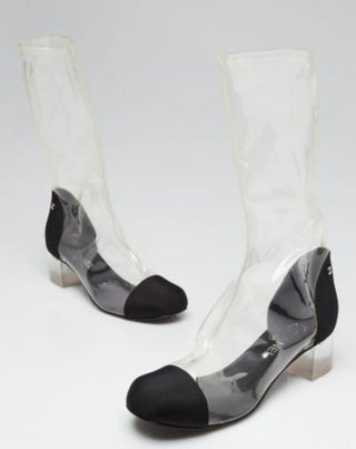 Chanel Clear Vinyl and Black Grosgrain Fabric Cap Toe Boots 40 sz