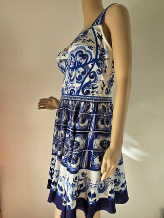 Dolce & Gabbana White Blue Printed Silk Mini Dress 44 sz NWT