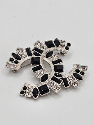 Chanel Silver-tone Strass Resin Interlocking CC Pin Brooch