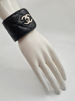 Chanel Black Leather Quilted CC Turnlock Wide Bracelet