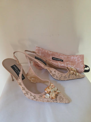 Dolce & Gabbana Beige Lace Pattern Slingback Pumps 40.5