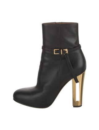 Fendi Black leather Gold-tone logo heels ankle boots 39 sz