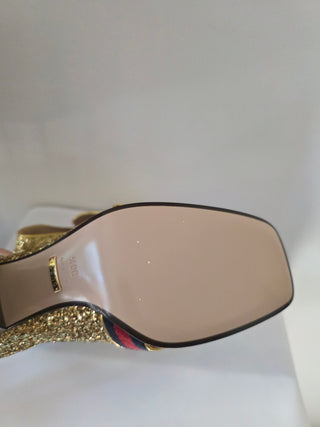 Gucci Gold Glitter Leather Peyton Marmont Mid-Heel Loafers 38.5 sz