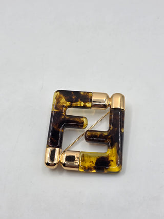 Fendi Gold-tone Resin Tortoiseshells FF Zucca Logo Pin Brooch