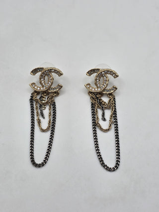 Chanel Gold-tone Strass Interlocking CC Chain Drop Earrings