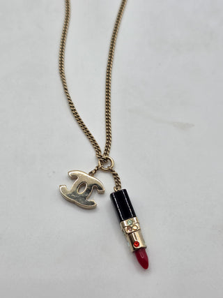 Chanel Gold-tone Crystal Resin Lipstick Interlocking CC Pendant Necklace