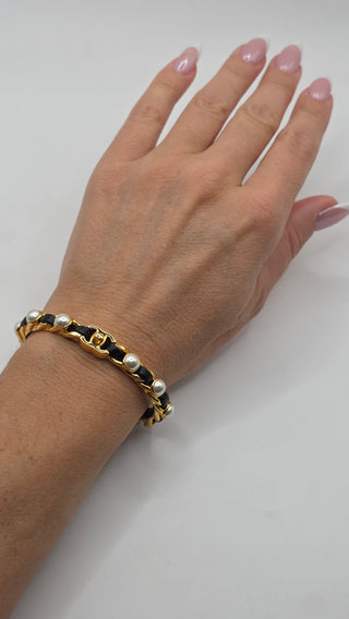 Chanel  Gold-tone Faux Pearl Leather CC Cuff Bracelet