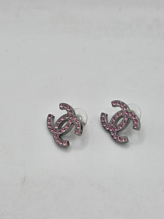 Chanel Silver-tone Pink Strass Interlocking CC Stud Earrings