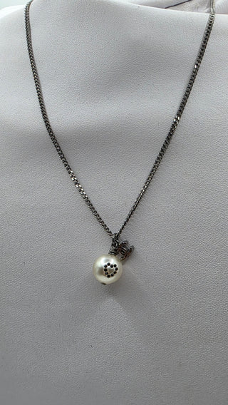 Chanel Silver-tone Faux Pearl Strass Interlocking CC Pendant Necklace