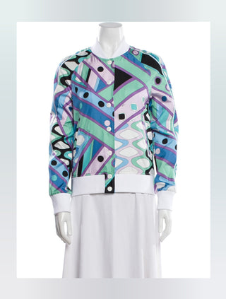 Emilio Pucci Blue Multicolor 
Silk Signature Printed Jacket S sz