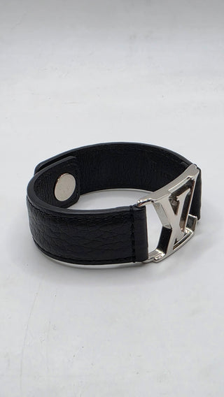 Louis Vuitton Silver-tone LV Logo Black Leather Hockenheim Bracelet