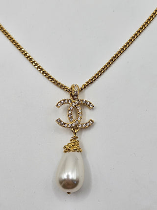 Chanel Gold-tone 2020 Faux Pearl Strass CC Pendant Necklace