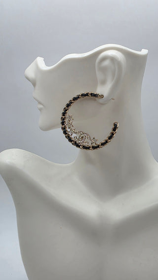 Chanel Gold-tone 2023 Strass Leather Interlocking CC Hoop Earrings