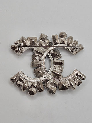 Chanel Silver-tone Strass Resin Interlocking CC Pin Brooch