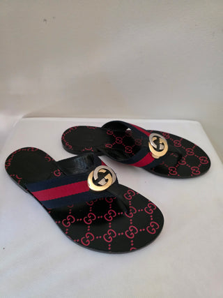 Gucci Blue Red Black Vintage Web Interlocking GG Thong Sandals 36.5 sz