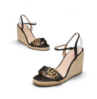 Gucci Black Leather GG Raffia Wedges 37 sz