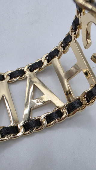 Chanel Gold-tone Leather 'CHANEL' Cuff Bracelet
