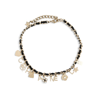 Chanel Gold-tone Faux Pearl, Strass Leather Interlocking Logo Collar Necklace