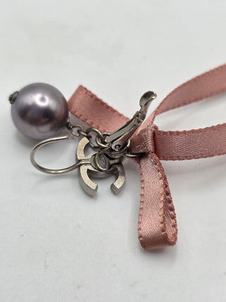 Chanel Silver-tone Faux Pearl Ribbon Bow CC Logo Drop Earrings