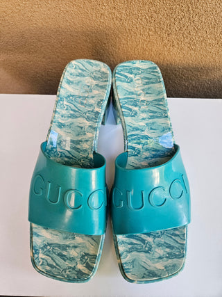 Gucci Blue Multicolor Rubber Logo Printed Platform Slides 38 sz