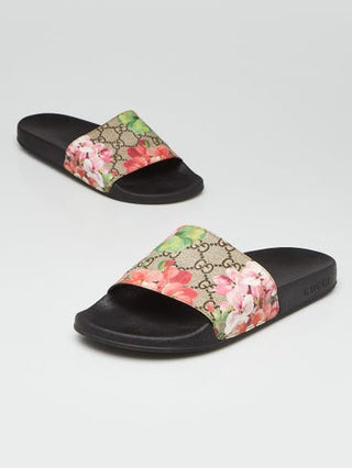 Gucci Pink Beige GG Coated Canvas Blooms Slide Sandals 38 sz