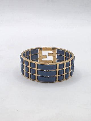 Fendi Blue Leather Gold-tone FF Cuff Bracelet