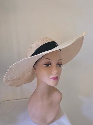 Chanel Beige Raffia Interlocking CC Logo Wide Brimmed Hat M sz