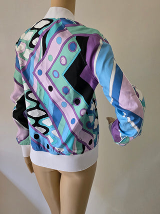 Emilio Pucci Blue Multicolor 
Silk Signature Printed Jacket S sz