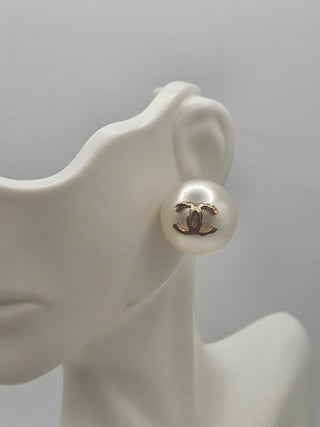 Chanel Golf-tone White Faux Pearl CC Stud Earrings