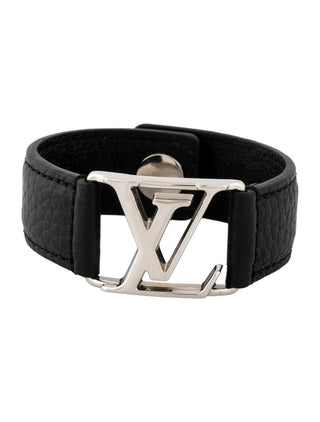 Louis Vuitton Silver-tone LV Logo Black Leather Hockenheim Bracelet