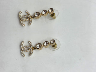 Chanel Gold-tone Strass Interlocking CC Drop Earrings