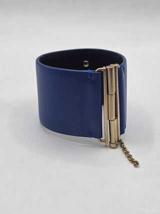 Chanel Blue Leather Interlocking CC Wide Wrap Bracelet M sz