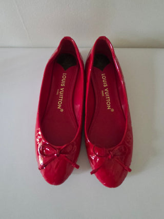 Louis Vuitton Red Patent Leather Bow Accents Ballet Flats 37 sz