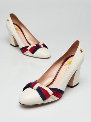 Gucci White Leather Vintage Web Bow Pumps 39 sz