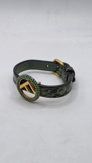 Fendi Gold-tone Crystal Green Snake Skin FF Leather Wrap Bracelet