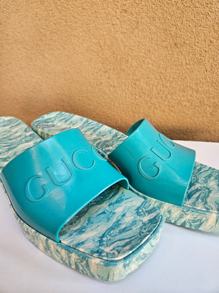 Gucci Blue Multicolor Rubber Logo Printed Platform Slides 38 sz